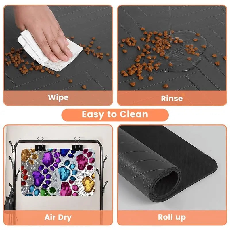 Quick-Drying Absorbent Pet Feeding Mat for Dogs and Cats, Non-Slip Rubber Bottom, Dark Polyester Surface for Indoor Use