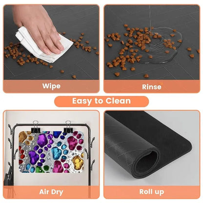 Quick-Drying Absorbent Pet Feeding Mat for Dogs and Cats, Non-Slip Rubber Bottom, Dark Polyester Surface for Indoor Use